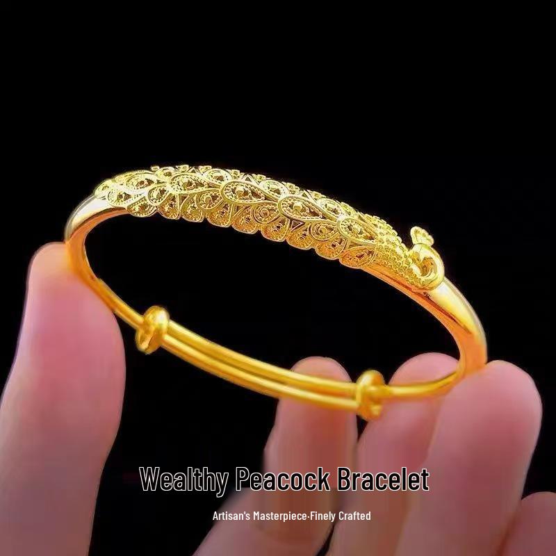 Gold-Plated Starry Dragon & Phoenix Push-Pull Women's Bangle - Non-Fading, High-End Jewelry