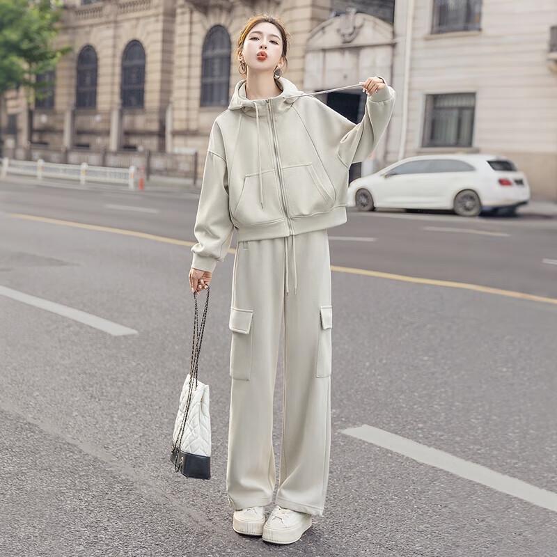 

Women s Casual Hooded Jacket & High-Waist Pants Set L