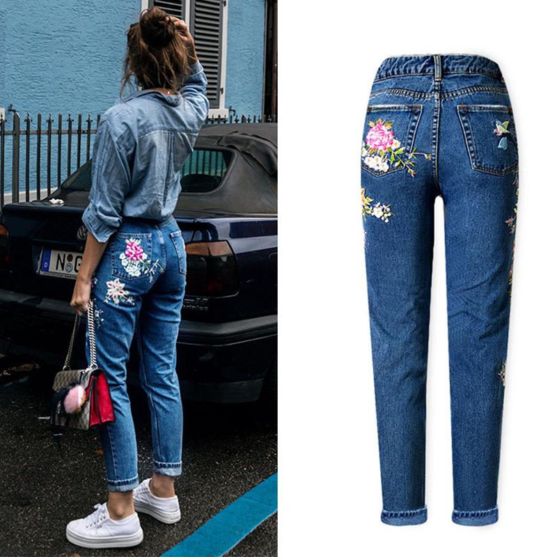 Dámska móda Vyšívanie Džínsy s vysokým pásom Slim Fit rovné džínsy