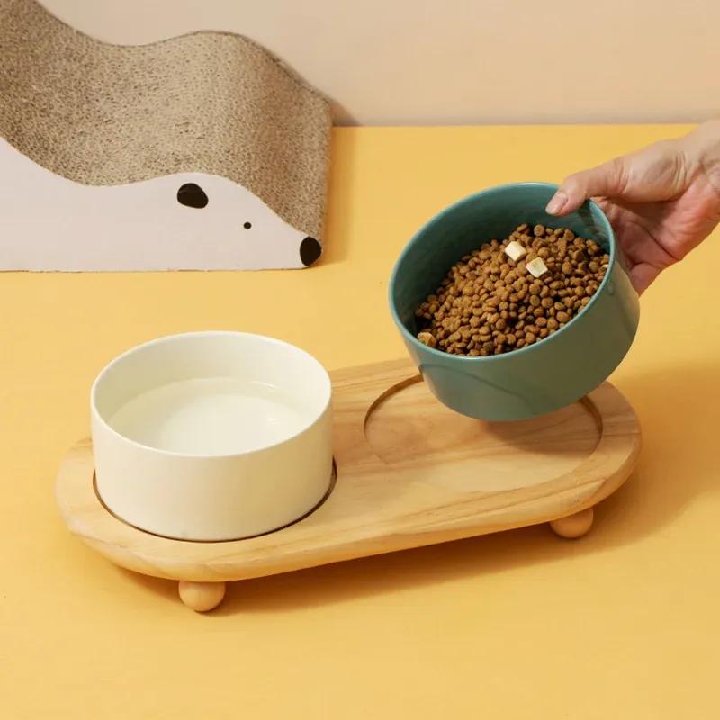 1800ML Ceramic Small Dog Food Water Bowl Elevated Cat Large Capacity Double Feeding Bowls with Wooden Stand Pet Drink Eat Feeder