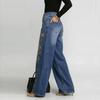 Dame Vasket Blå Højtaljede Metaløjer Vid Ben Jeans Afslappet Løstsiddende Streetwear Denim Bukser