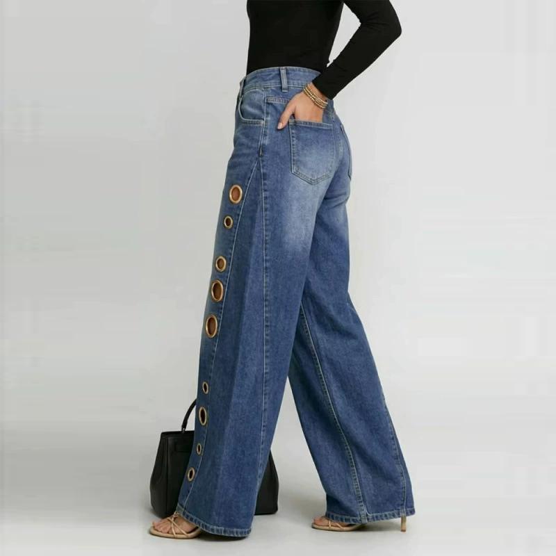 Dame Vasket Blå Højtaljede Metaløjer Vid Ben Jeans Afslappet Løstsiddende Streetwear Denim Bukser