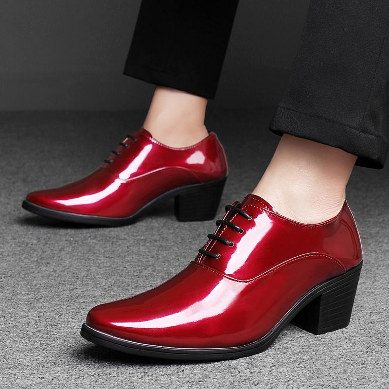 Men White Red High Heels Wingtip Black Leather Derby Wedding Dress Dance Business Formal Elevator Shoes Height Increase Shoes Plus Size