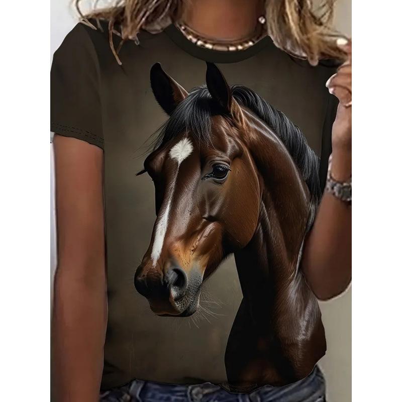 Summer Animal Horse Retro 3D Print T-Shirts Women Casual Short Sleeve T Shirt Streetwear Round Neck Tees Tops Female Clothing
