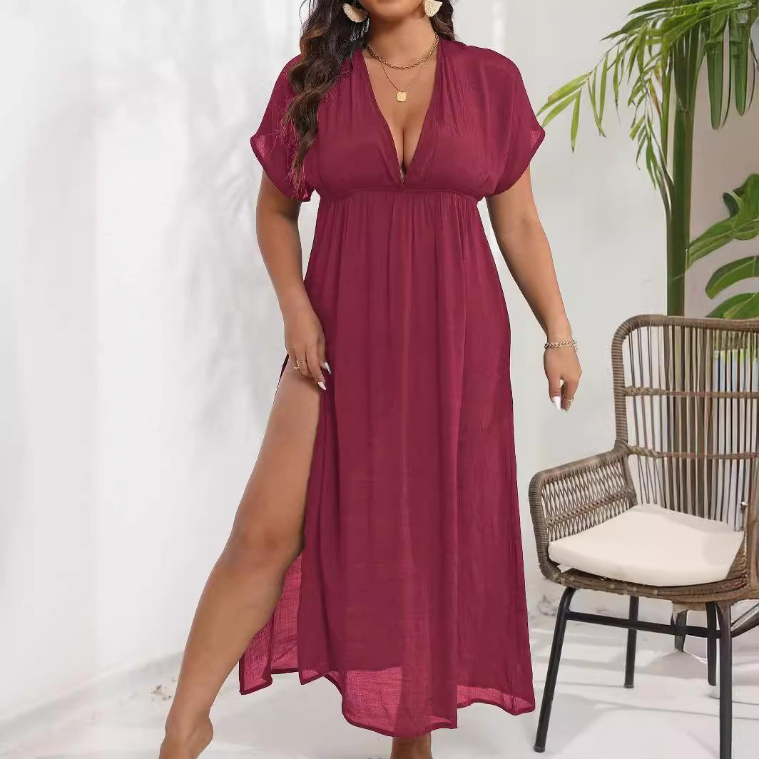 

Однотонное пляжное платье для женщин, летнее длинное платье с глубоким v-образным вырезом и короткими рукавами и разрезом на подоле, повседневное пляжное платье для отдыха, дышащее тонкое платье большого размера 2XL