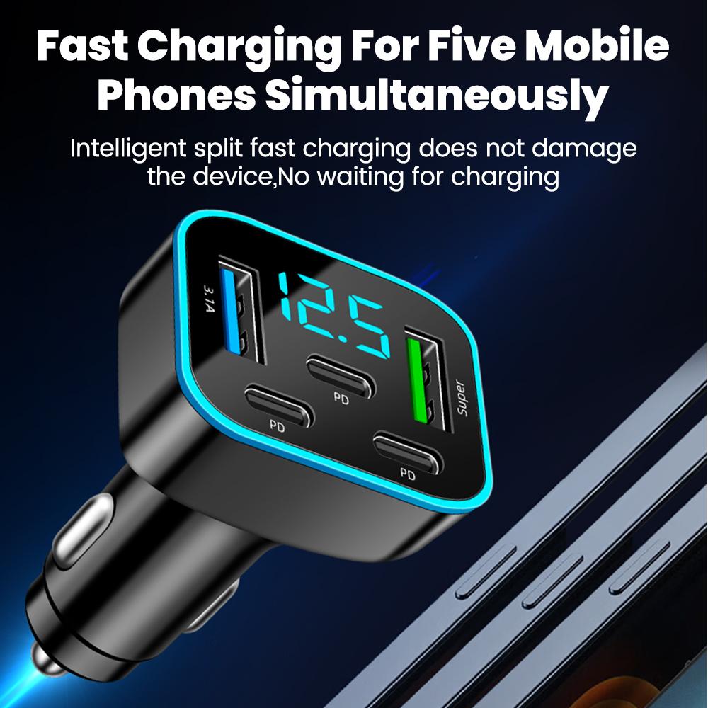 5 Ports Car Charger Fast Charging 2USB+3Type C Car Lighter PD QC3.0 Car Phone Charger For iPhone Samsung Huawei Xiaomi