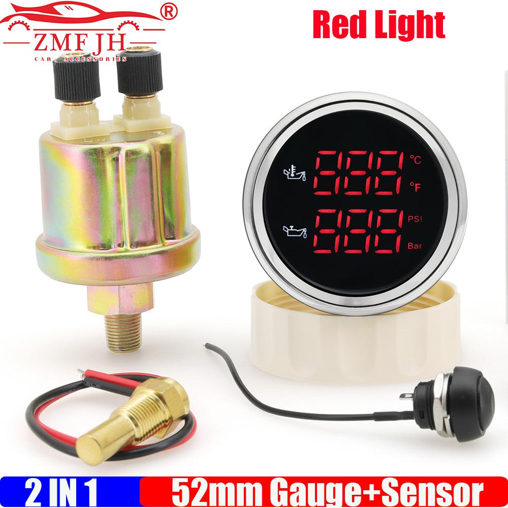 ZMFJH Digital Dual 52mm Gauge with Flash Alarm Red Green Oil Temperature+Oil Pressure Meter+Sensor 10mm for Marine Boat Auto Car