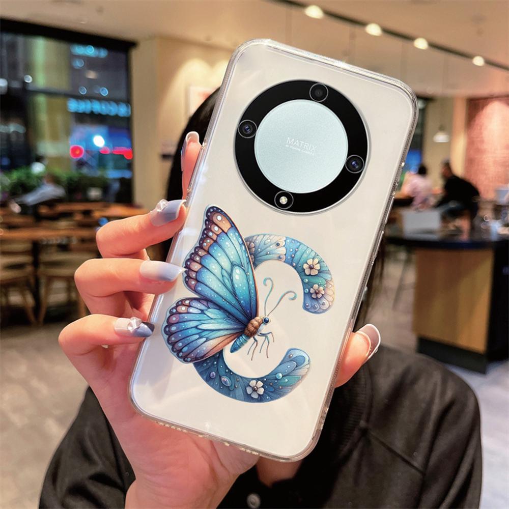 For Honor X9b X9a X9c Magic5 6 7 Lite Blue Butterfly Flower Letters A-Z Transparent Clear Women Phone Case Silicone Bumper Cover