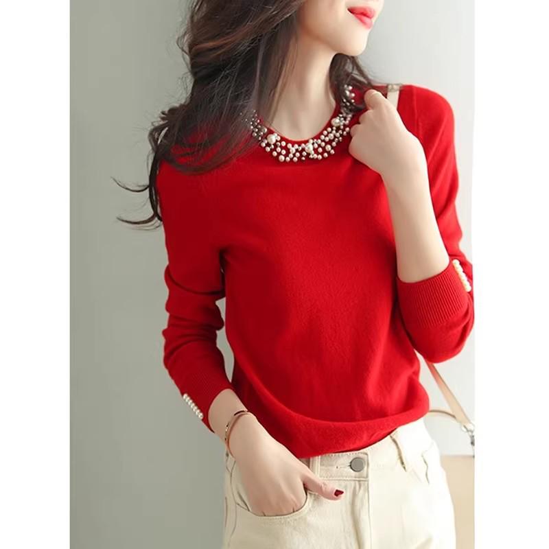 2026 Autumn/Winter Women's Elegant European Style Round Neck Beaded Knit Sweater