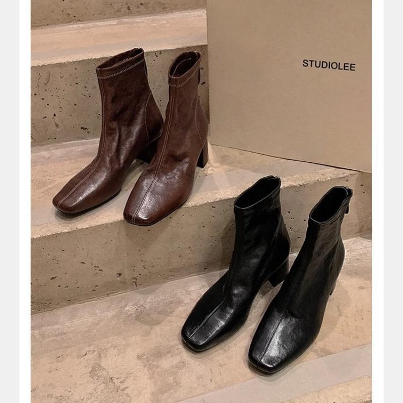 Super Soft Sheepskin Square Head Thick Heel Rear Zipper High Heel Bare Boots Martin Boots Women's Thin Short Boots