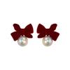Elegant Retro Red Bow & Pearl No-Piercing Ear Clips