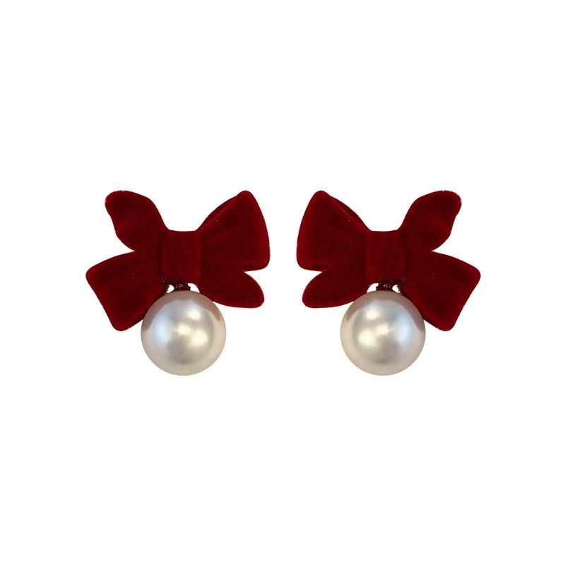 Elegant Retro Red Bow & Pearl No-Piercing Ear Clips
