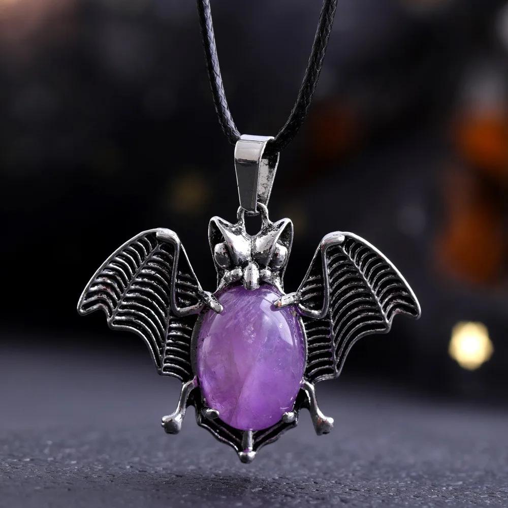Halloween Crystal Stone Bat Vintage Pendant For Women Necklace Natural Amethyst Rose Quartz Lapis Lazuli Pendant Jewelry Making