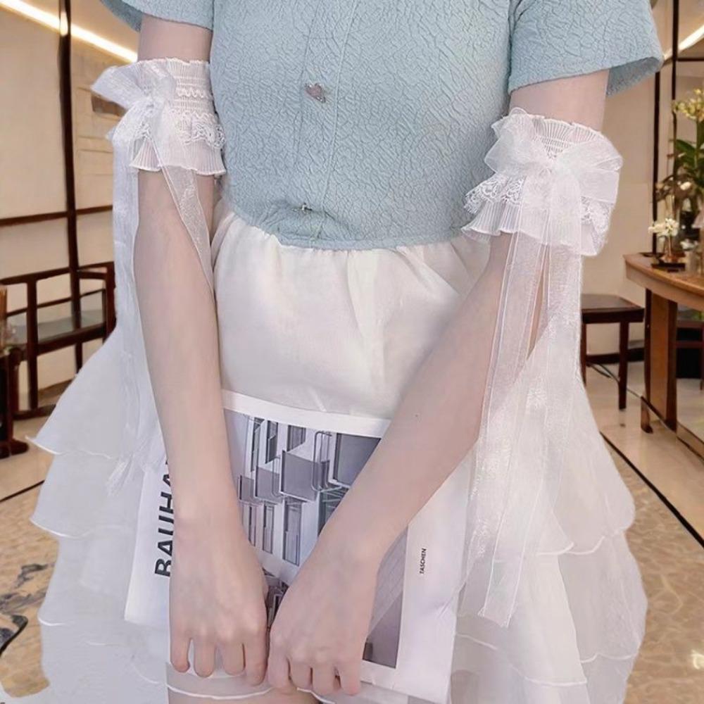 Bow Knot Lolita Arm Sleeve Elastic Ruffled Fake Sleeves Cuffs Ribbon Arm Cuffs  Anime Convention белый