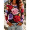 2026 Herbst Neues Damen Langarm Rundhals Lässiges T-Shirt mit Buntem Blumendruck Pflanzenelementen Outdoor Chic Top