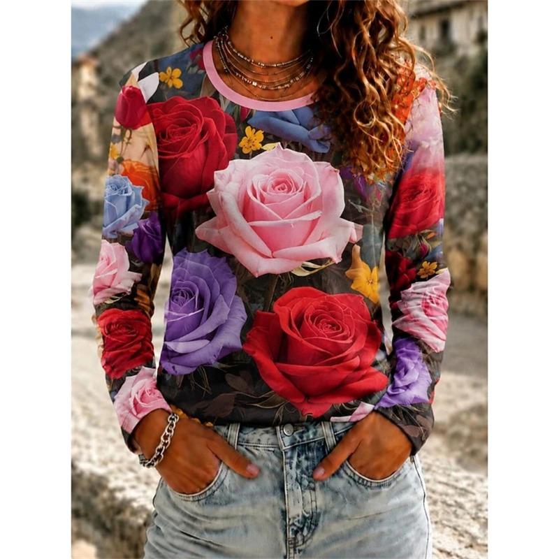 2026 Herbst Neues Damen Langarm Rundhals Lässiges T-Shirt mit Buntem Blumendruck Pflanzenelementen Outdoor Chic Top