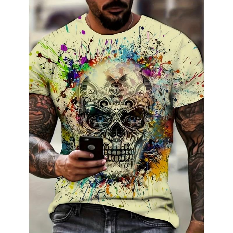 Men's Skull T-Shirt Colorful 3D Paint Splatter Graphic Printed Casual Short Sleeve O-Neck Pullover Streetwear Summer Tee Tops Male Clothing