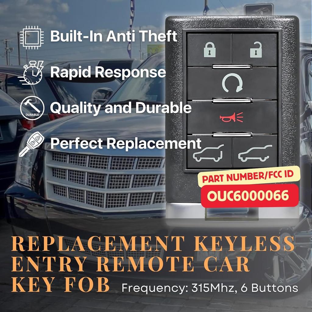 Replacement Keyless Entry Remote Car Key Fob for 2007 2008 2009 2010 2011 2012 2013 2014 Cadillac Escalade ESV, FCCID-OUC6000066, 315MHz 6 Buttons