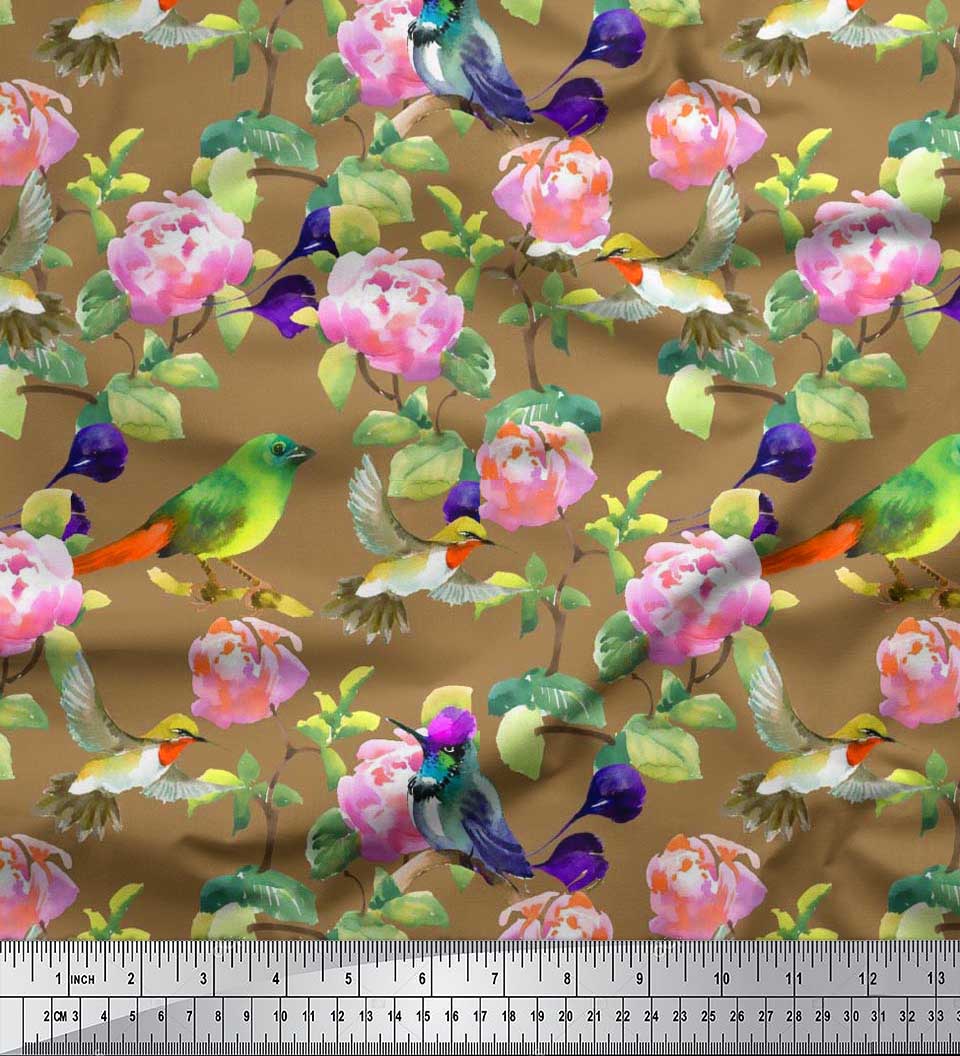 

Тканина для рукоділля Soimoi Japan Crepe Satin Leaves, Floral & Hummingbird Bird Printing Тканина для рукоділля 42 дюйми 42 Inch Wide - Poly Crepe коричневий