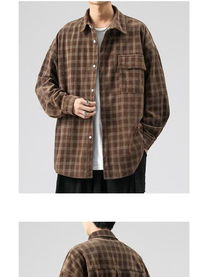 Men's Long Sleeve Corduroy Shirt - Japanese Retro Plaid Jacket for Spring & Autumn