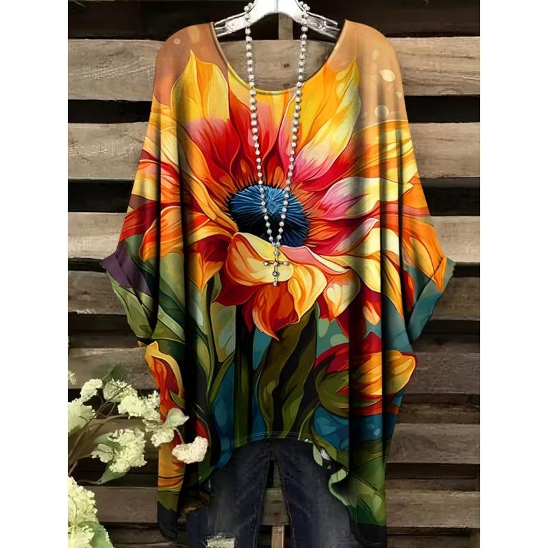 Bohemian Chic Women's T-Shirt Vintage Floral Graphic O-Neck Pullover Short Sleeve Tees Oversized Irregular Hemline  Clothes