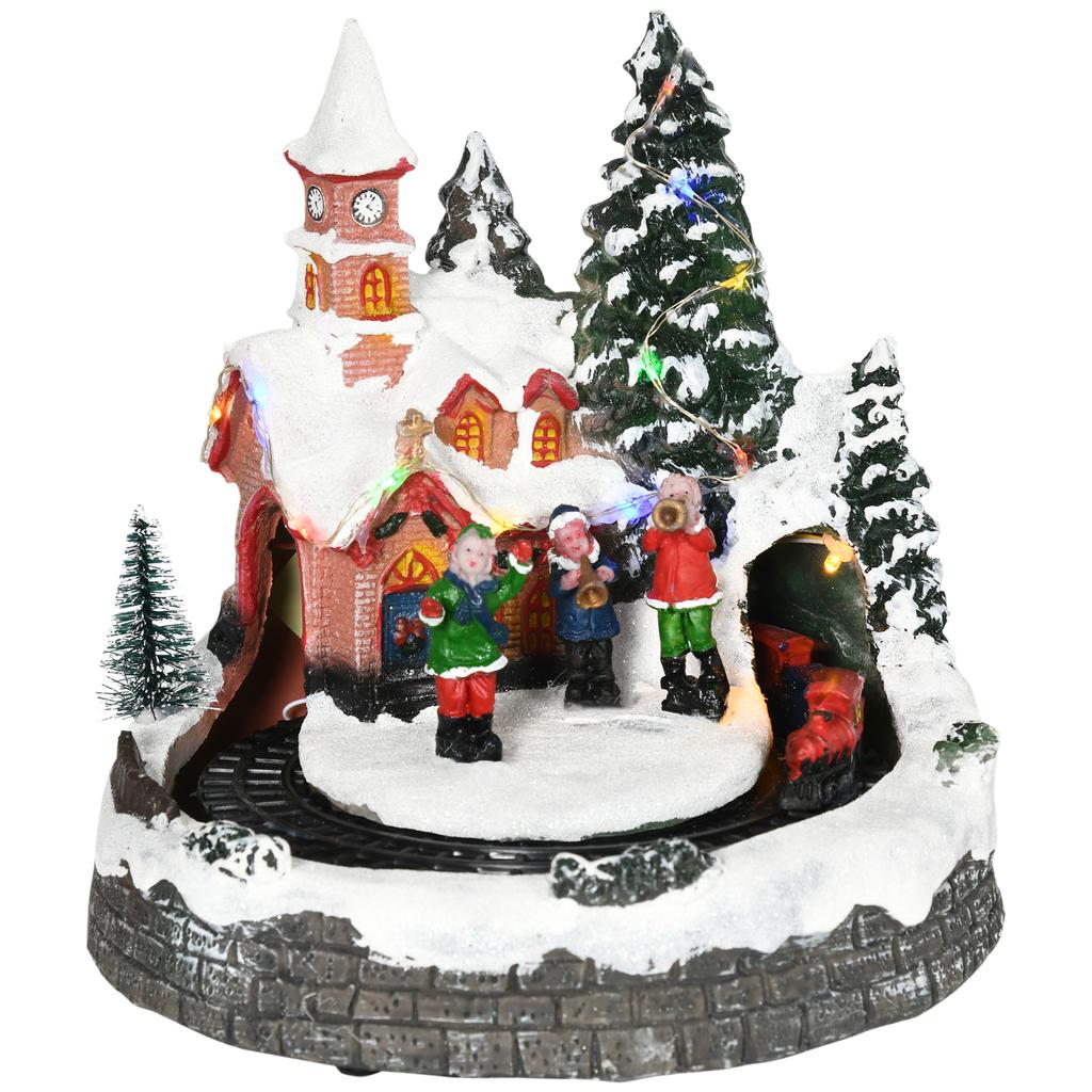 Christmas Village Christmas Scene with LED Lights and Moving Train, Tabletop Christmas Decoration, 20x19.5x20 Cm, Multicolor
