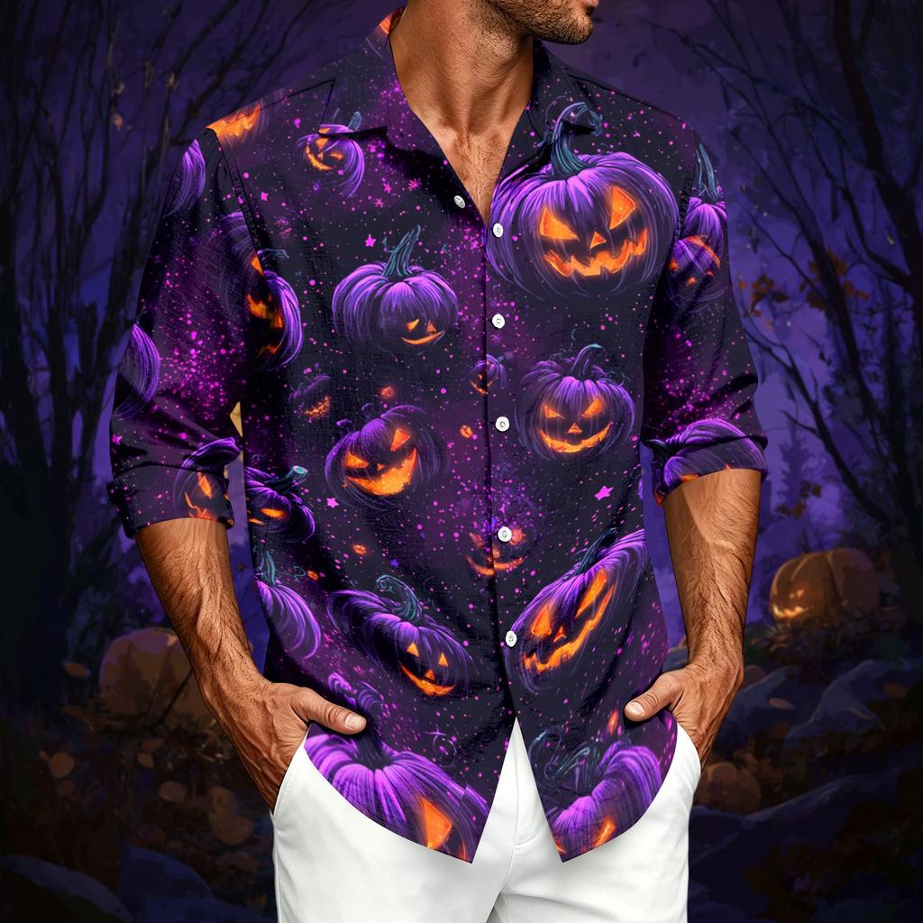 Men's Casual Long-Sleeve Shirt with Halloween Print for Spring ,Summer and Fall