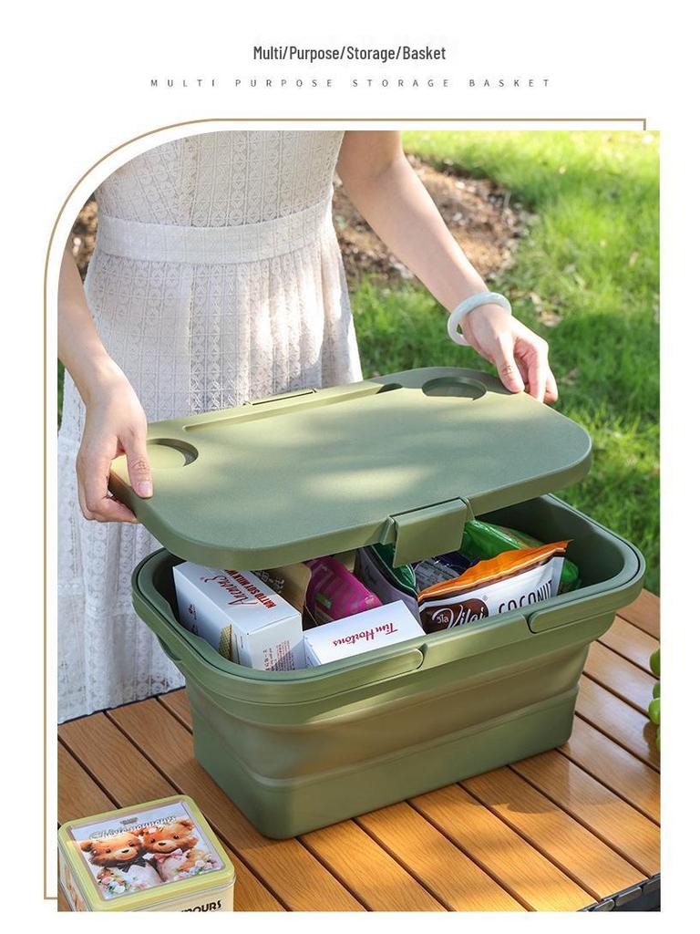 Japanese DOD Style Multi-Functional Foldable Picnic Basket with Lid - Convenient and Portable for Outdoor Camping