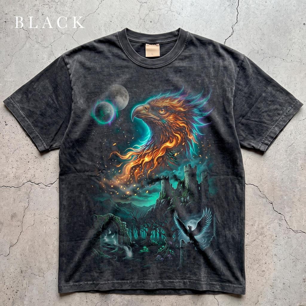 Rising Phoenix Shirt, Mythical Fire Bird Rebirth, Moonlit Castle Ruins Tree Graphic, Comfort Colors for Fantasy Lovers, Grunge Art