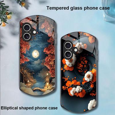 Goldenes Blatt Schwarz Für Apple IPhone 16 11 13 15 14 Pro Max 12 Mini 7 8 Plus XR X XS Elliptisch Geformte Gehärtete Glas Handyhülle