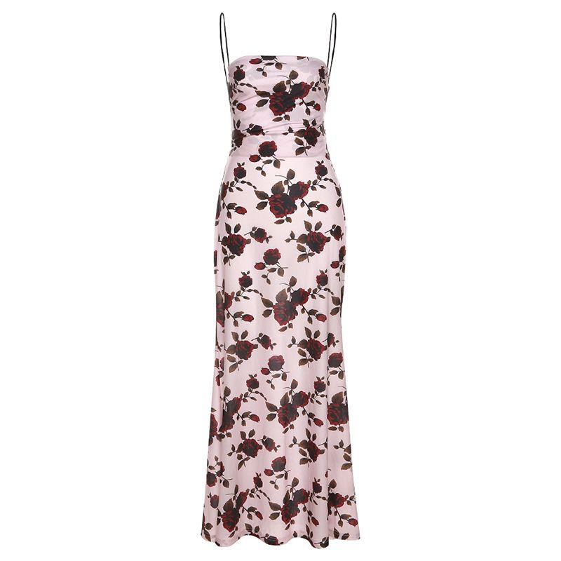 

# Sisjuly# Elegance Fashion Lightly Mature Ins Rose Print Stylish Back Hollow-out Elegant Dress Female Pink L