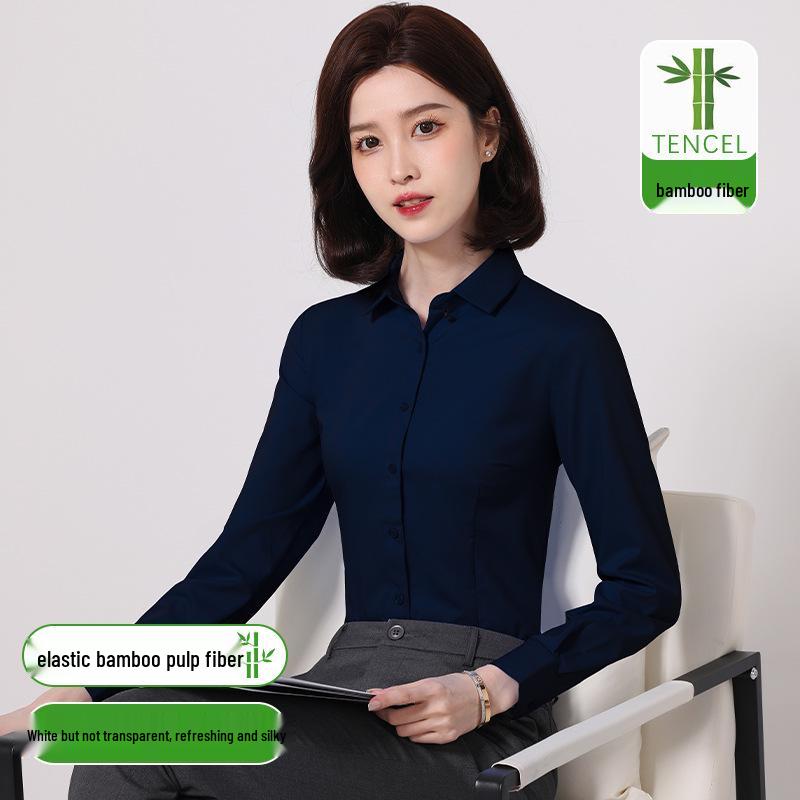 Women's Slim Fit Long Sleeve Bamboo Fiber Anti-Wrinkle White Shirt for Business or Casual Wear