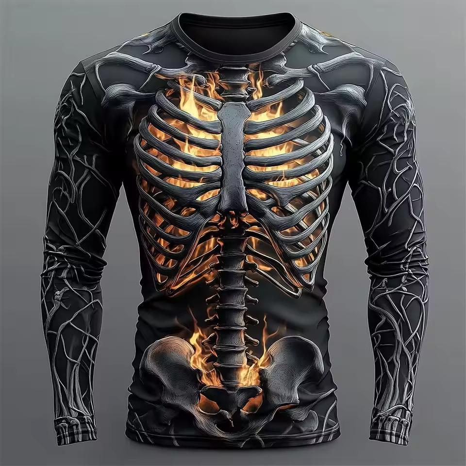 Halloween Cool Personality Skull 3d Print T-shirt Autumn Breathable Long Sleeve Tops Street Festival Party Casual Punk Clothes