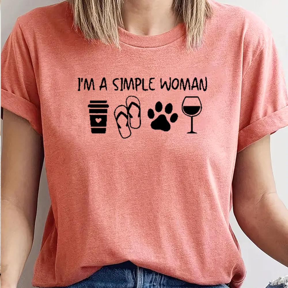 Simplified Letter Printing Cotton T-Shirt Short Sleeve Round Neck Women 2d Print Tops