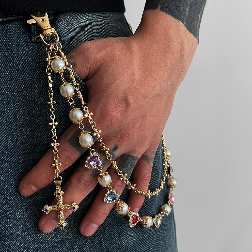Salircon New Exquisite Luxury Cross Pendant Imitation Pearl Keychain Belt Chain Men Punk Trousers Jean Chain HipHop Jewelry Gift