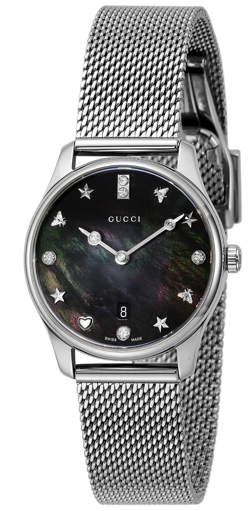 

Gucci Black Pearl Stainless Sapphire Quartz Silver G-TIMELESS Watch, YA1265001, Dial, Steel, Crystal, Movement, 29mm, Women s