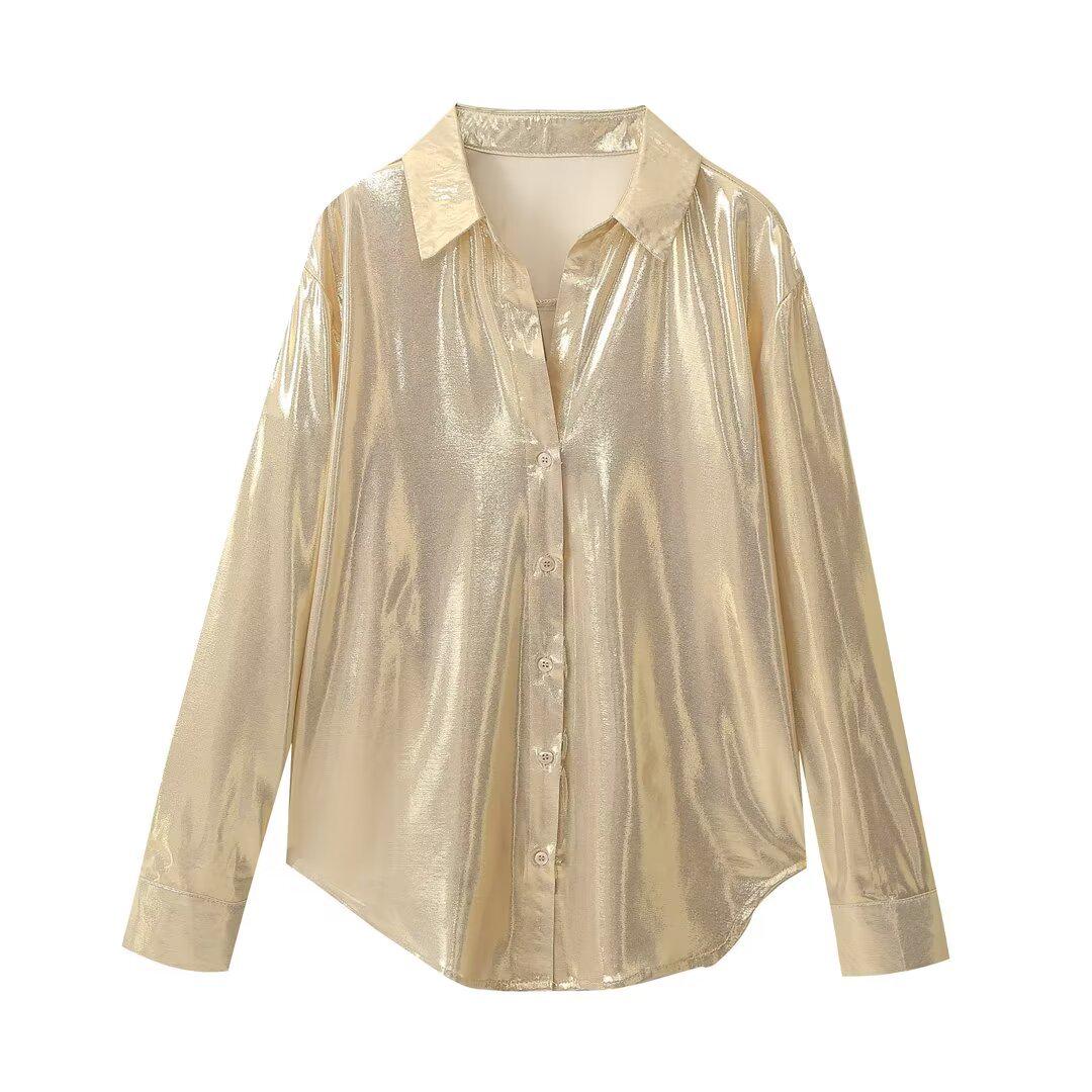 

Весна 2024 Женский двухцветный металлический комплект: рубашка с лацканами и юбка миди