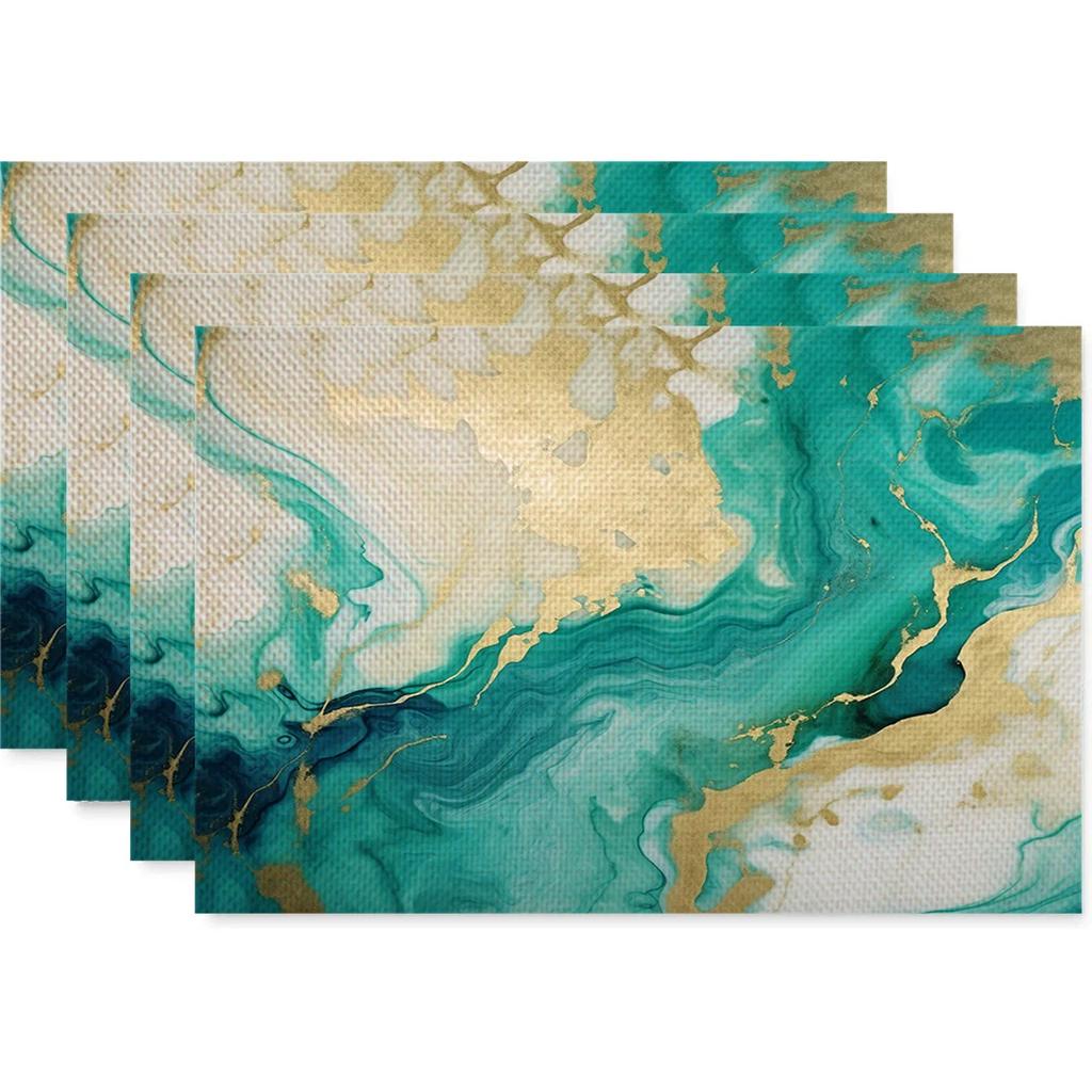 Anti Fouling and Heat-insulating Table Mat 4PC Placemat Watercolor Marble Printed Fabric Linen Placemat  Western Style Placemat