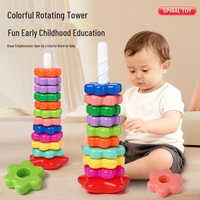 Rainbow Spinning Tower Flower Stack & Ring Toss Puzzle Toy for Babies 6 Months+