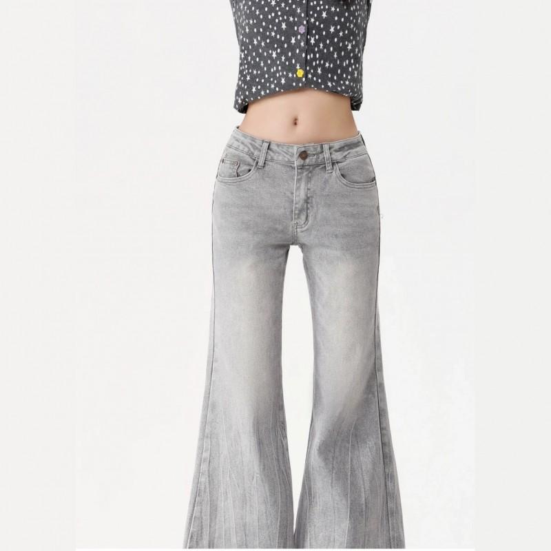 2026 Womens Low-Rise Flared Denim Jeans With Embroidery Street Style Wide Leg Trousers