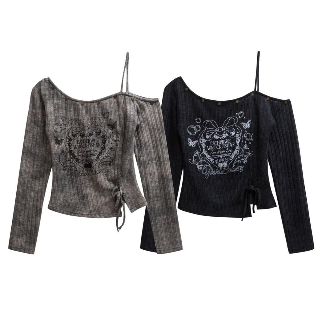 American Retro Y2K Print Off-shoulder Long Sleeve Women's T-shirt