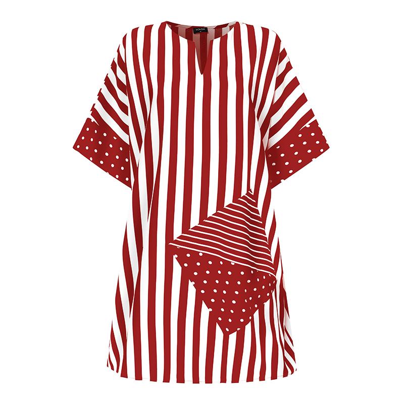 Women Plus Size Round Neck Striped Print Short Sleeve Dresses