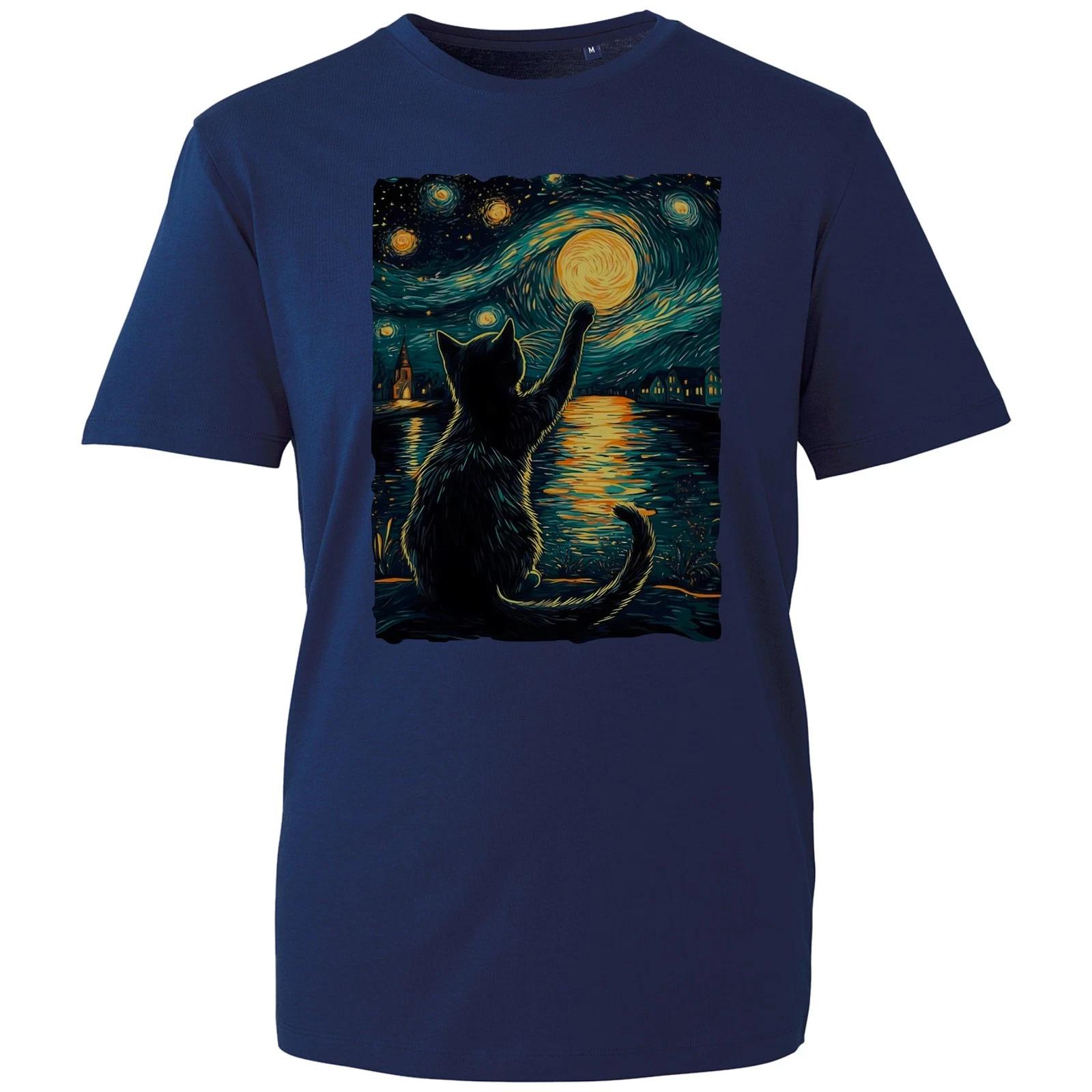 Starry Night Black Cat T-Shirt, Art Graphic Printed Cats Lover Mom Dad Gift Tee 4XL