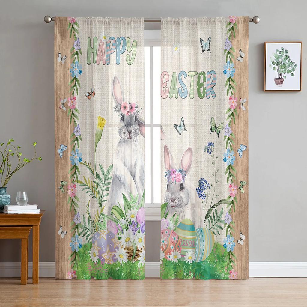 Easter Truck Bunny Butterfly Cherry Blossom Curtains Living Room Voile Curtain Bedroom Tulle Window Drapes Sheer Made Of Polyester Sitting Decor
