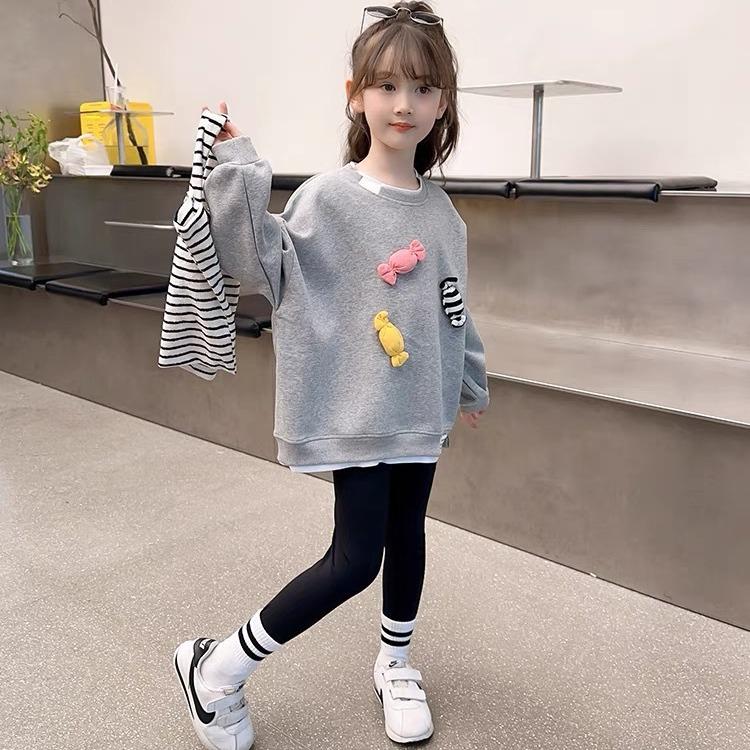 2024 New Style Gray Long-Sleeve Sweatshirt for Girls - Wide Fit, Perfect for Spring and Autumn