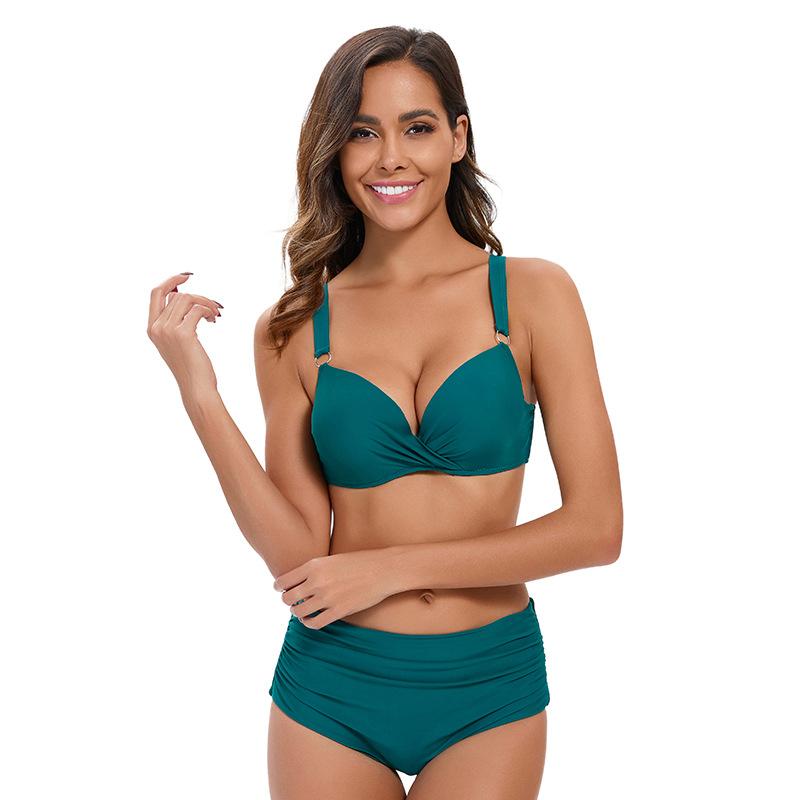 European and American solid color bikini sexy backless swimsuit triangular high waist bikini pleated swimsuit S