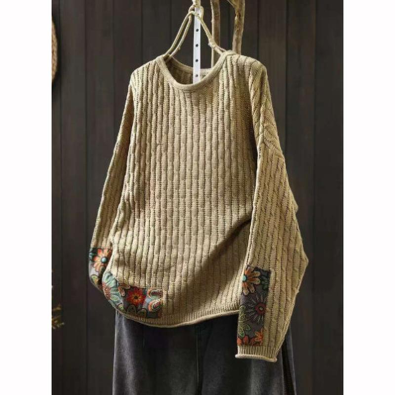 Winter Fall Fashion Vintage Sweater Women's O Neck Loose Casual Lazy Style Casual Pullover Flower Print Patchwork Knitwear