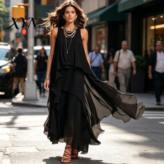 Fat Hiding Loose Dress Women's Flowy Chiffon Dress, Sleeveless Crew Neck Asymmetrical Hem Plus Size Women Long Summer Layered Cocktail Wedding