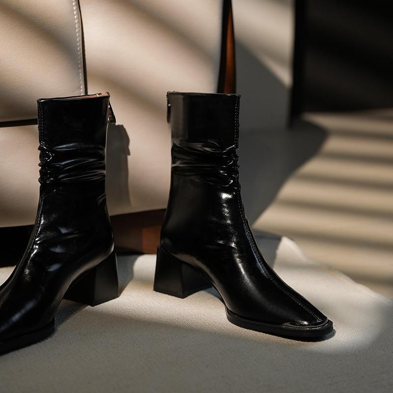 Folded soft leather retro square head high-heeled short boots women's autumn and winter thick heel Martin boots knight boots