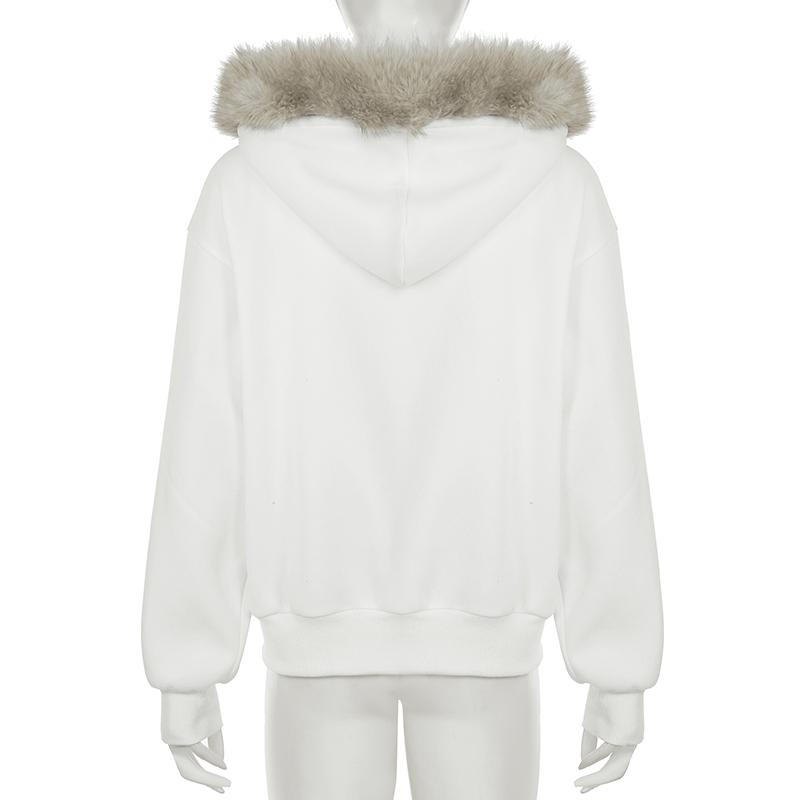 Fur Collar Hooded Zipper Coats for Women Harajuku Letter Printed Hoodies Streetwear Thick Coat Autumn Winter Jacket Y2K